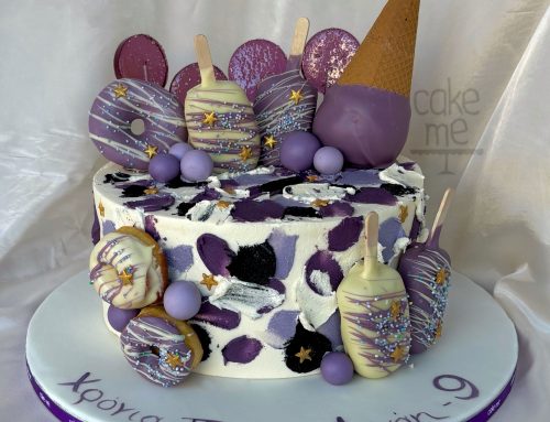 Μωβ τούρτα με παγωτά, donut και γλειφιτζούρια